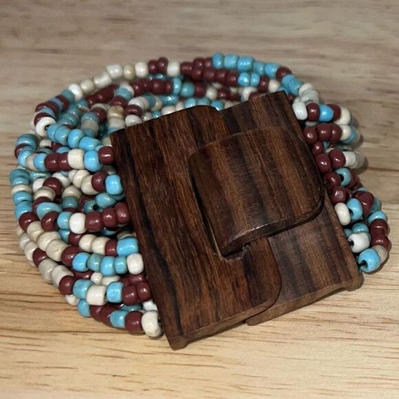 FREE w/ PURCHASE Multi Strand Seed Bead Bracelet, Vintage Wooden Hook Closure - Picture 1 of 5